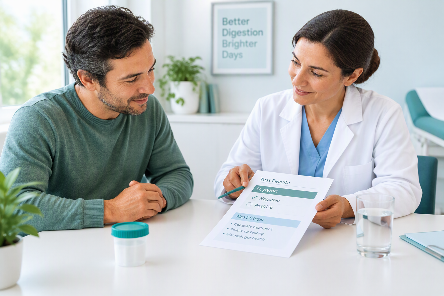 Patient discussing H. pylori antibiotics and follow-up testing with a clinician