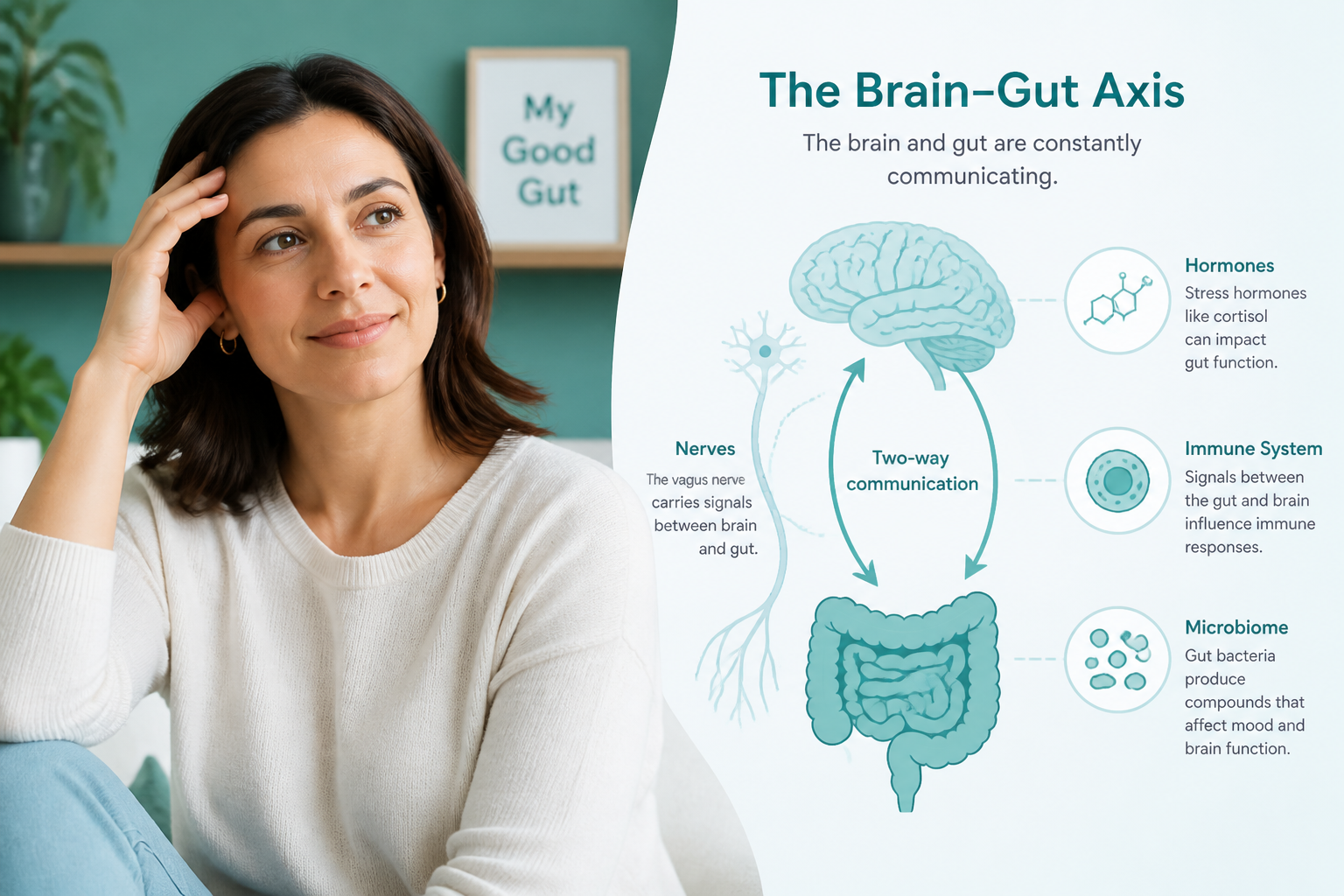 Diagram of brain-gut axis showing nerves, hormones, and gut interactions during stress