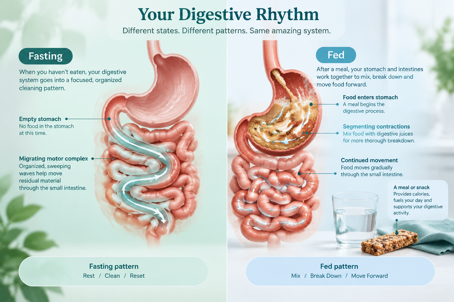 Fed versus fasting digestive patterns showing how eating pauses the migrating motor complex