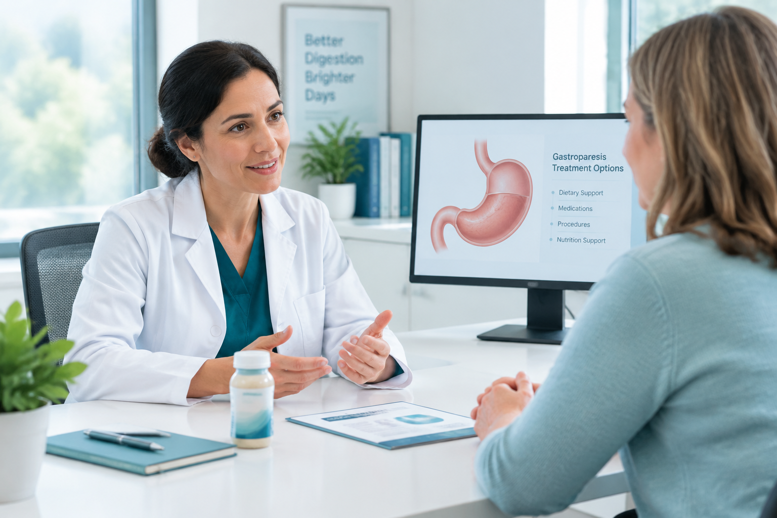 Patient discussing gastroparesis procedures and nutrition support with a gastroenterology clinician