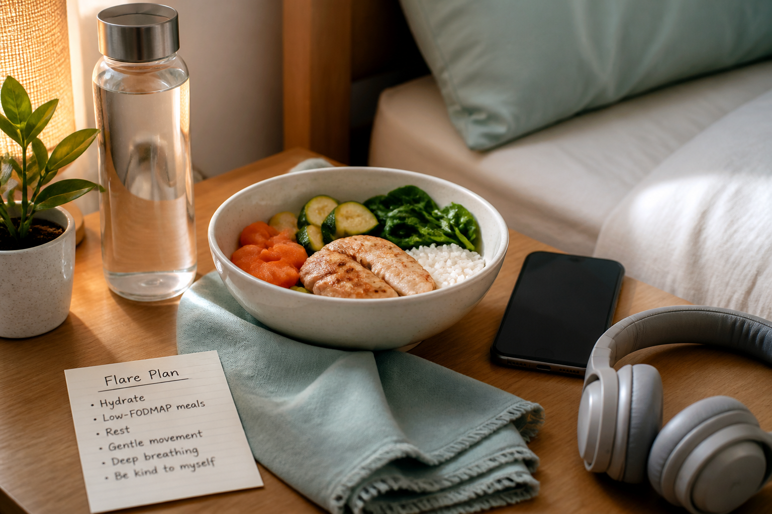 Low-FODMAP meal and 'Flare Plan' notecard to calm hormone-related IBS flares