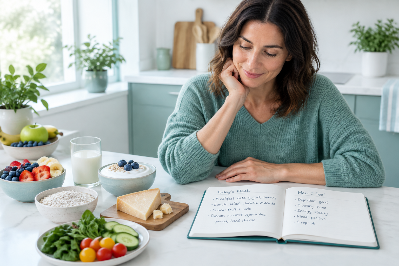 Balanced low-lactose meal with yogurt, aged cheese, and a food-and-symptom log