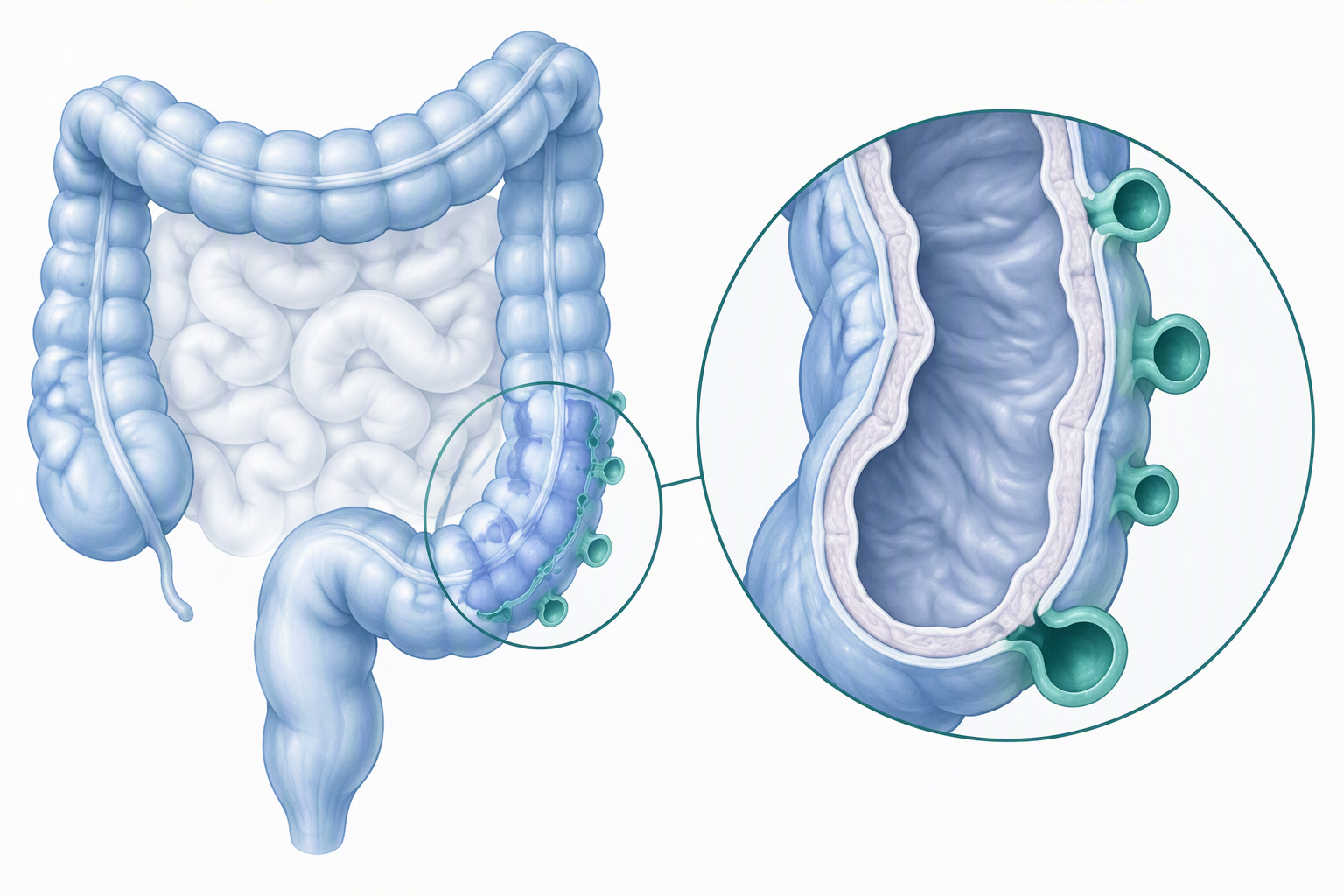 Medical illustration of diverticula in the sigmoid colon for diverticular disease