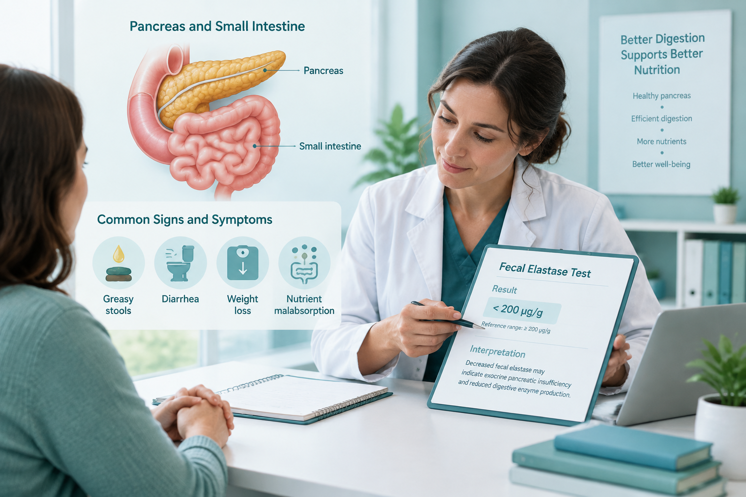 Exocrine pancreatic insufficiency symptoms and fecal elastase testing