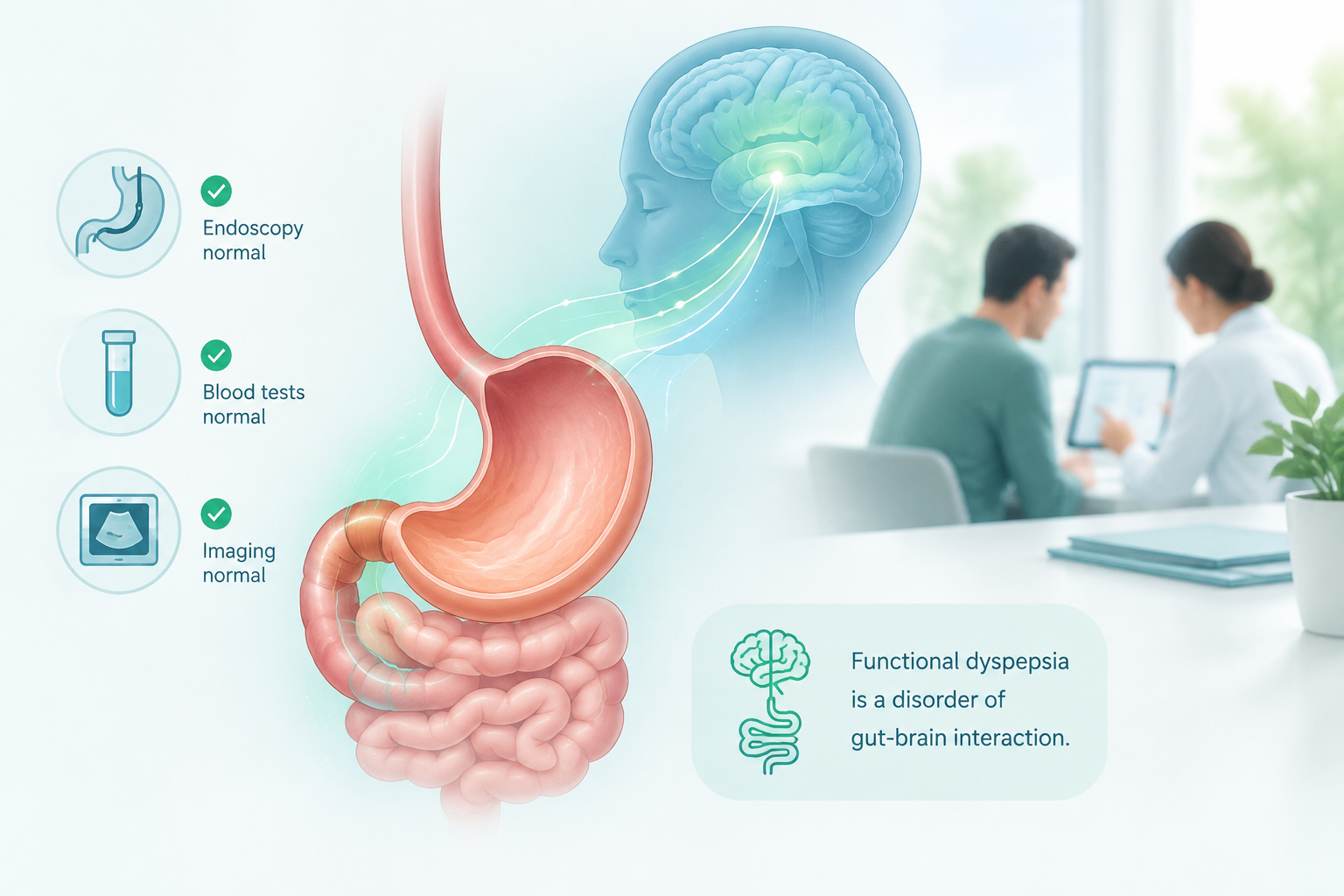 Medical illustration of functional dyspepsia and gut-brain signaling