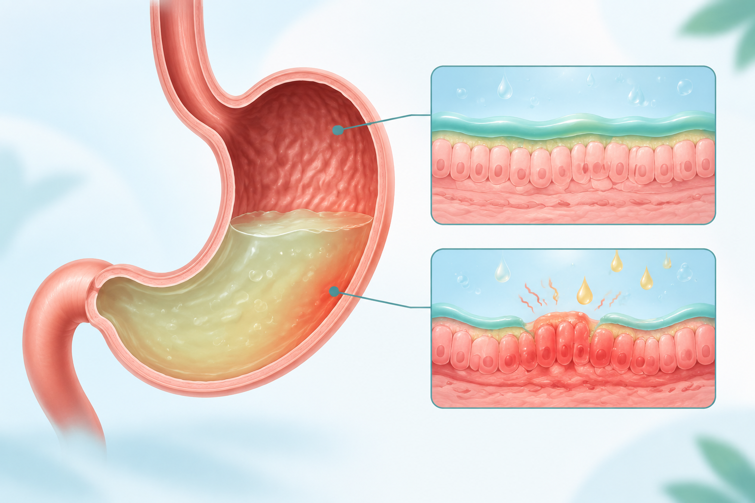 Medical illustration of the stomach lining and protective barrier affected by gastritis