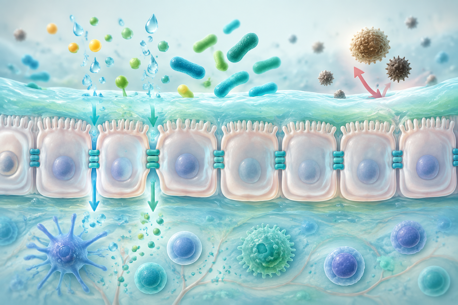Illustration of the intestinal barrier with mucus, epithelial cells, microbes, and immune defenses