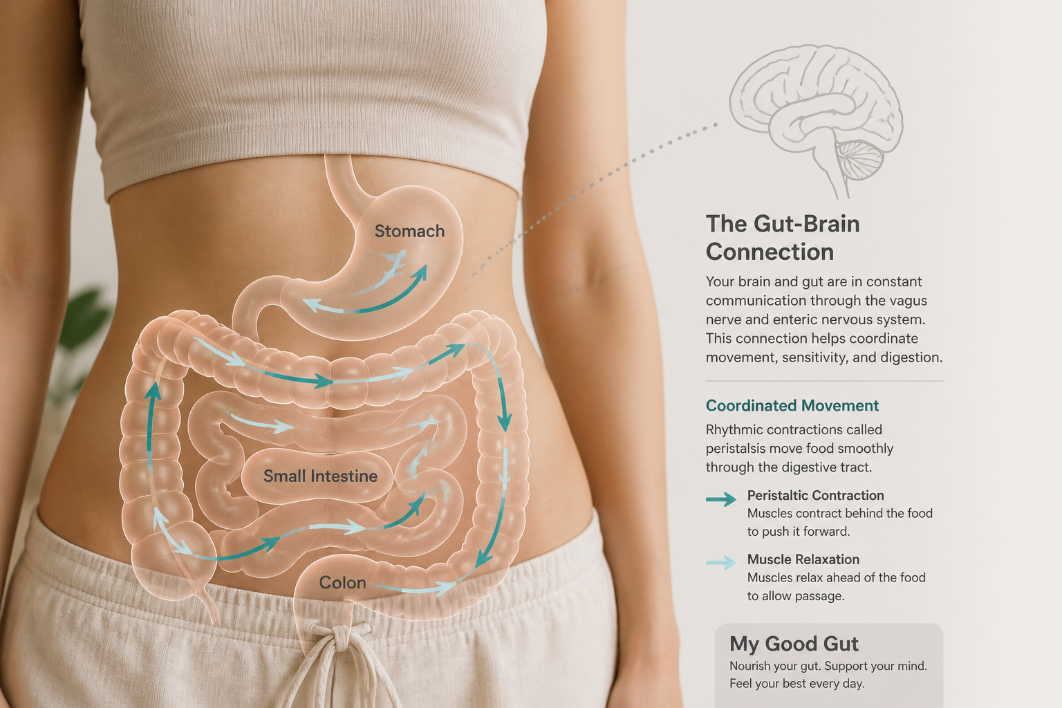 Diagram-style photo showing stomach, small intestine, and colon with arrows illustrating gut motility