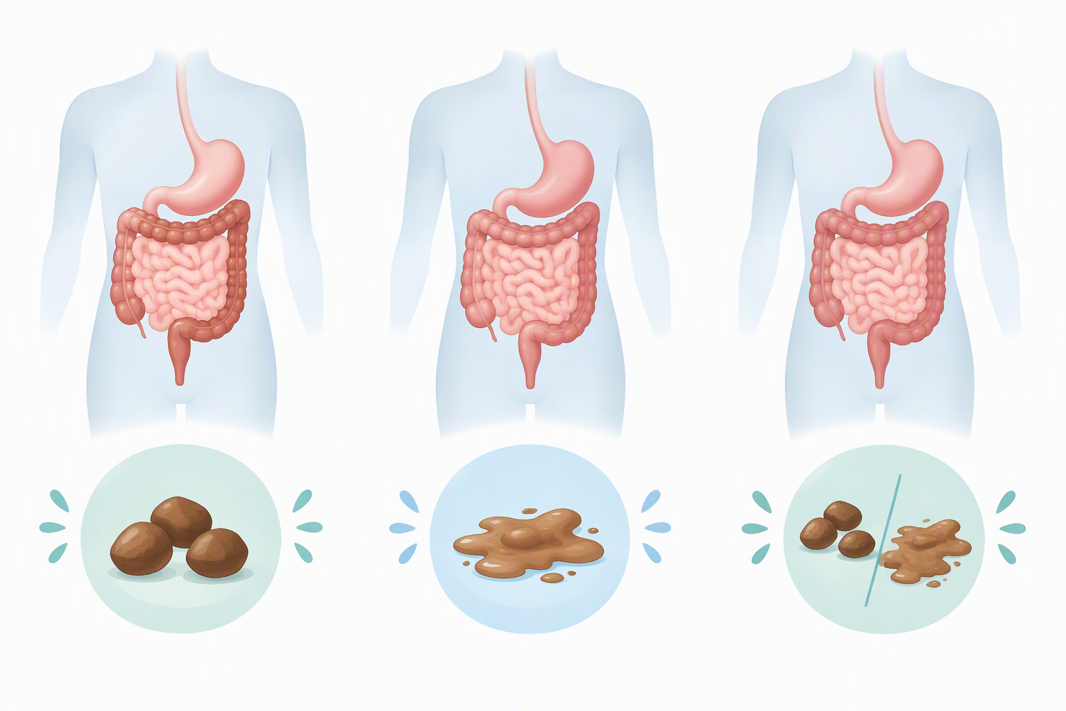 IBS types illustration showing constipation-predominant, diarrhea-predominant, and mixed bowel patterns