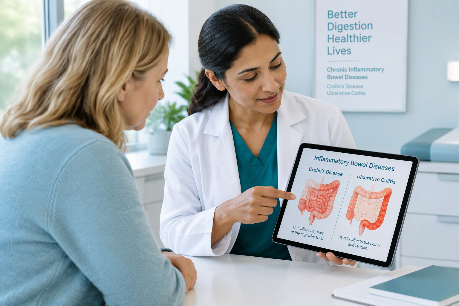 Inflammatory bowel disease illustration showing intestinal inflammation from Crohn’s disease and ulcerative colitis