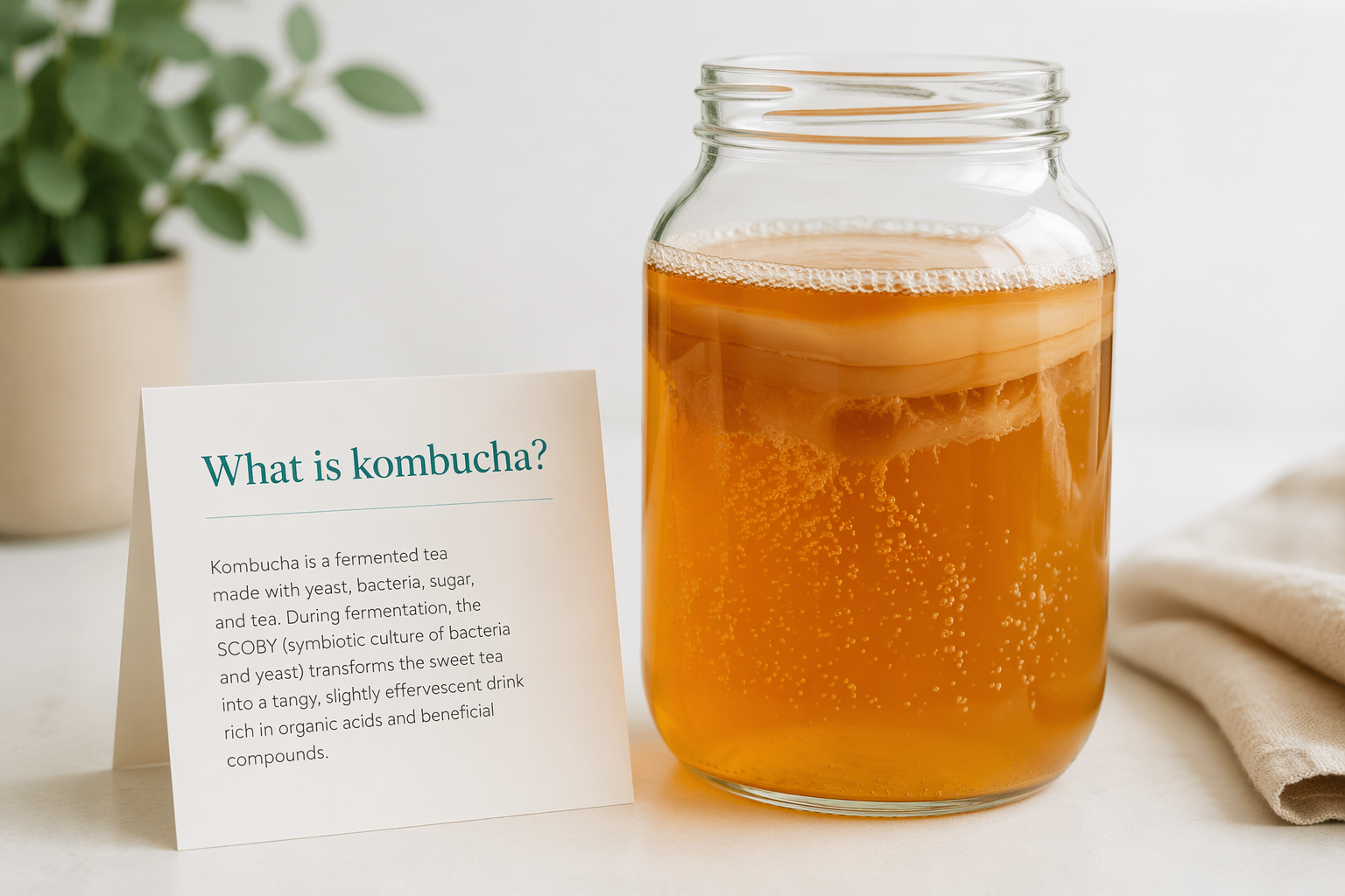 Close-up of kombucha jar with SCOBY and informational card about kombucha