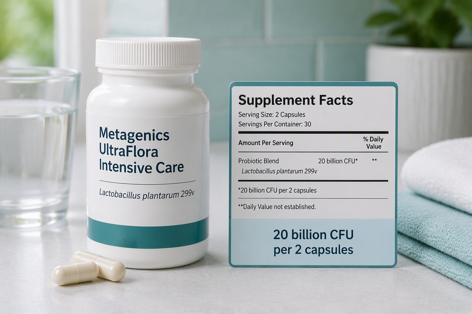 Metagenics UltraFlora Intensive Care bottle with Lactobacillus plantarum 299v
