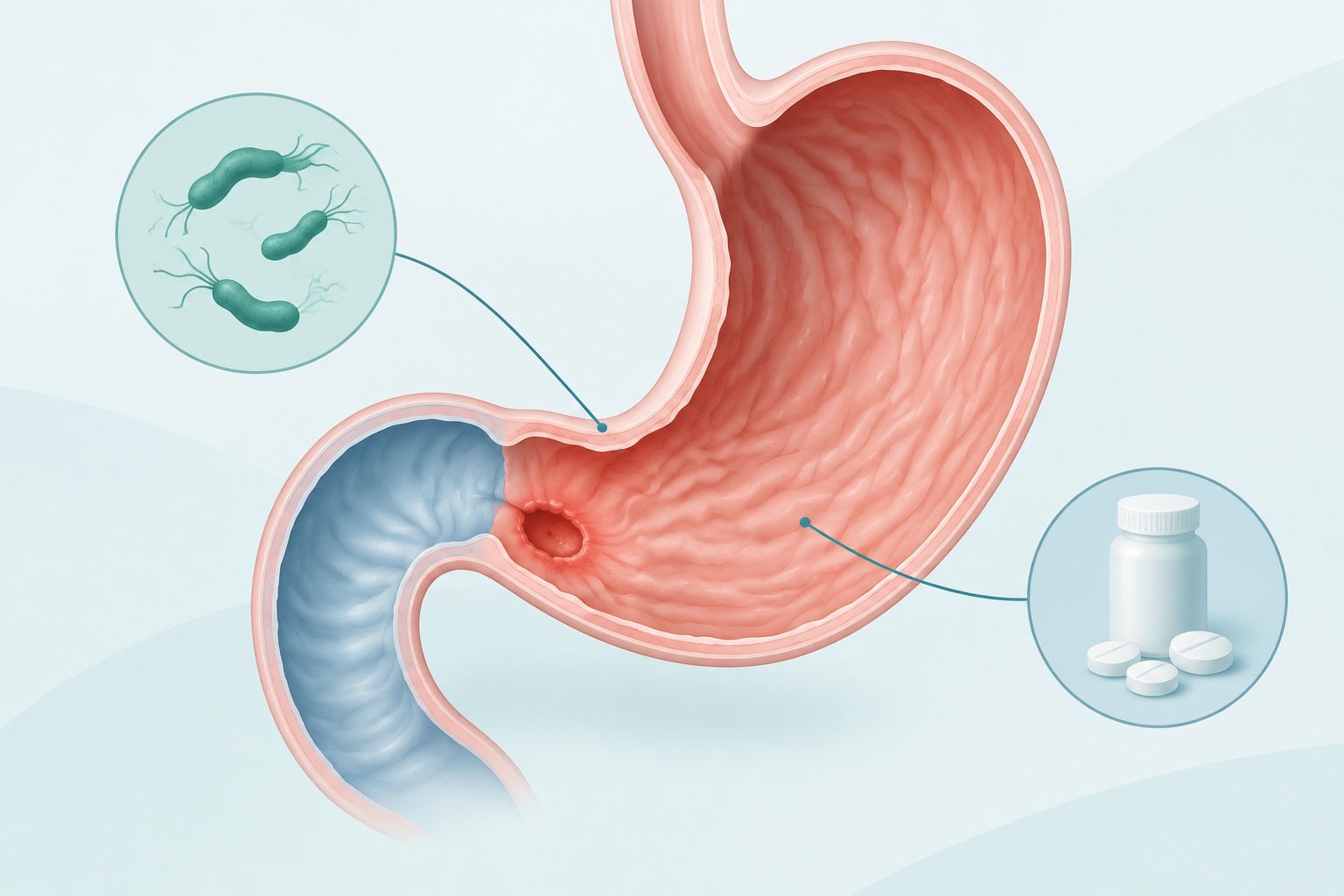 Medical illustration of a stomach and duodenum showing a peptic ulcer and its common causes