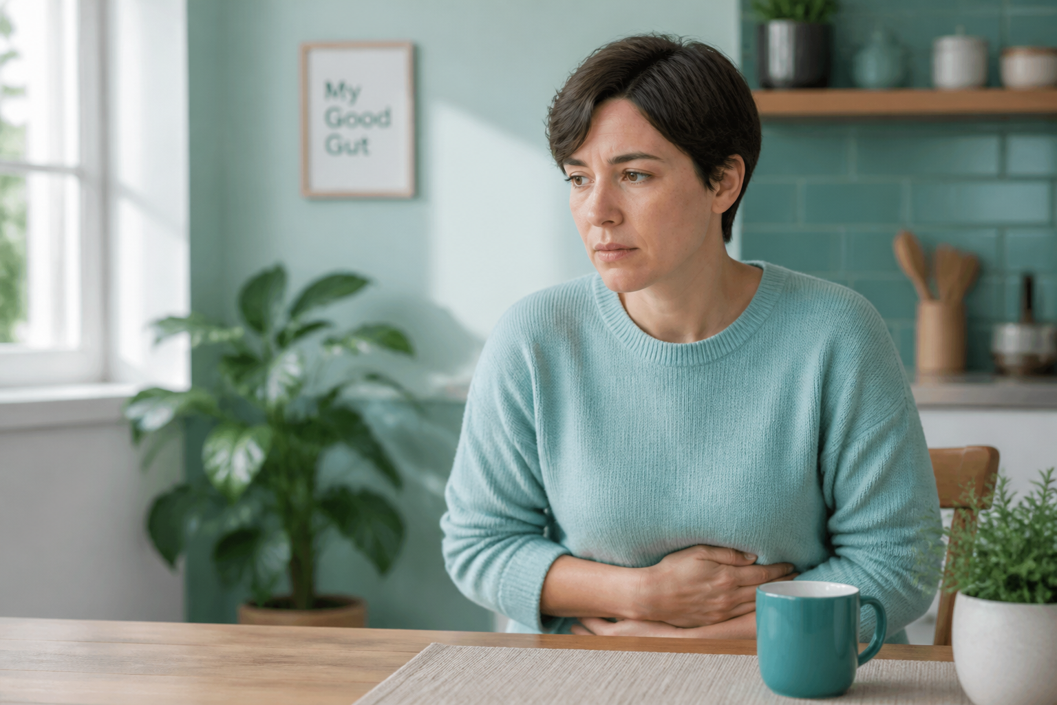Person holding abdomen describing what post-infectious IBS is