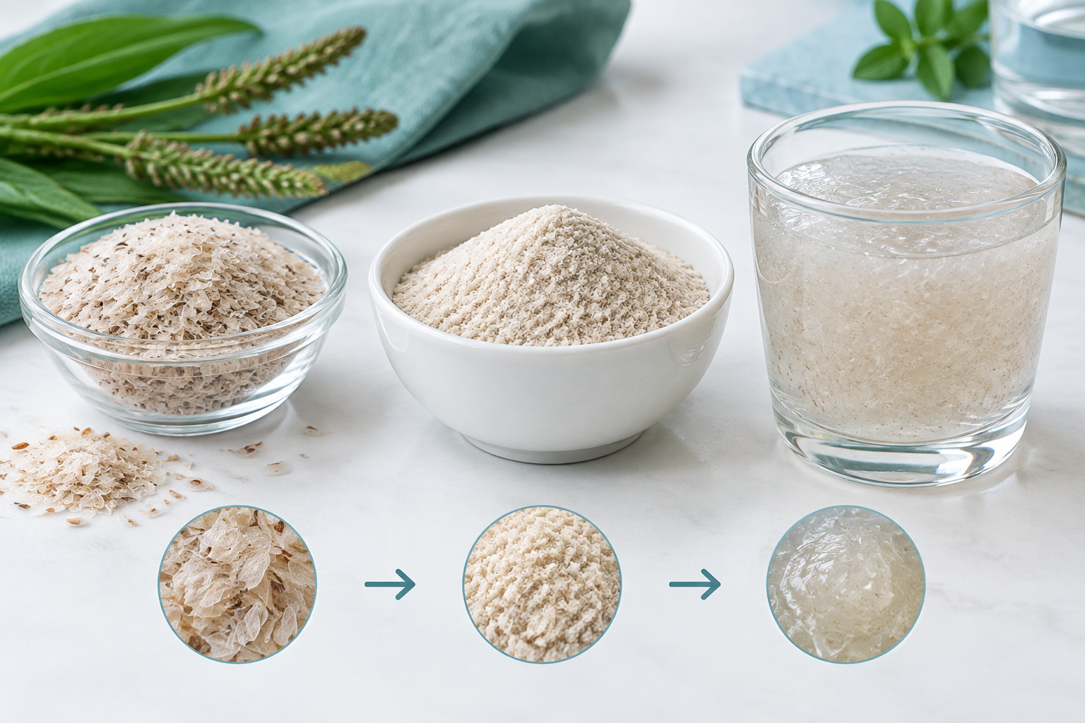 Psyllium husk powder and gel showing how soluble fiber holds water