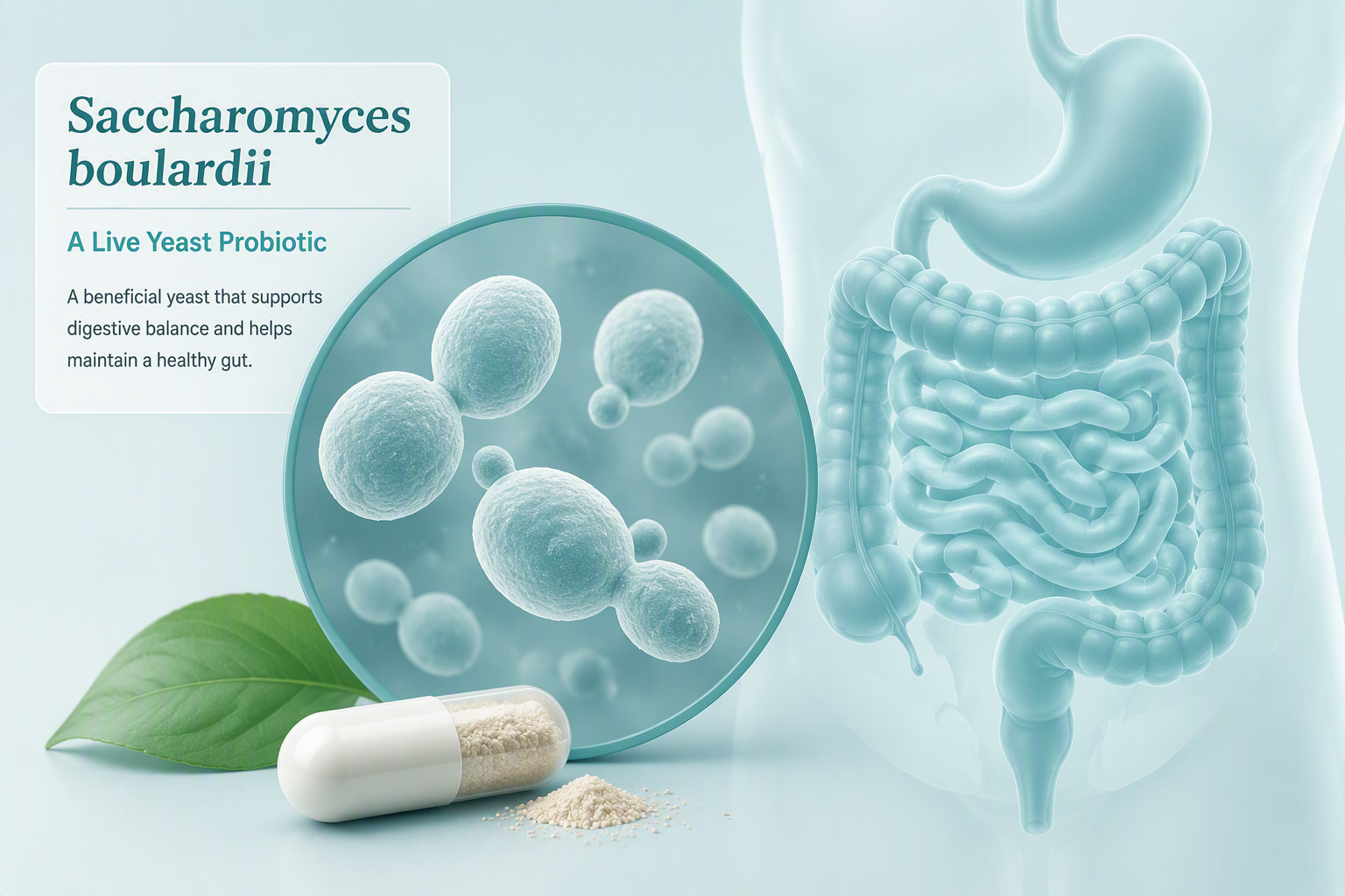 Microscopic Saccharomyces boulardii yeast cells and digestive tract illustration