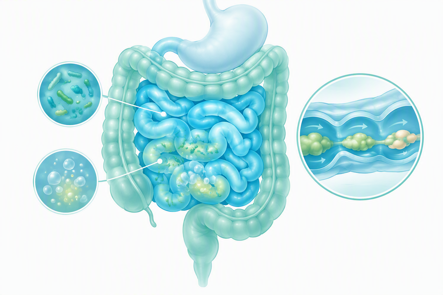 Medical illustration showing SIBO bacterial overgrowth in the small intestine
