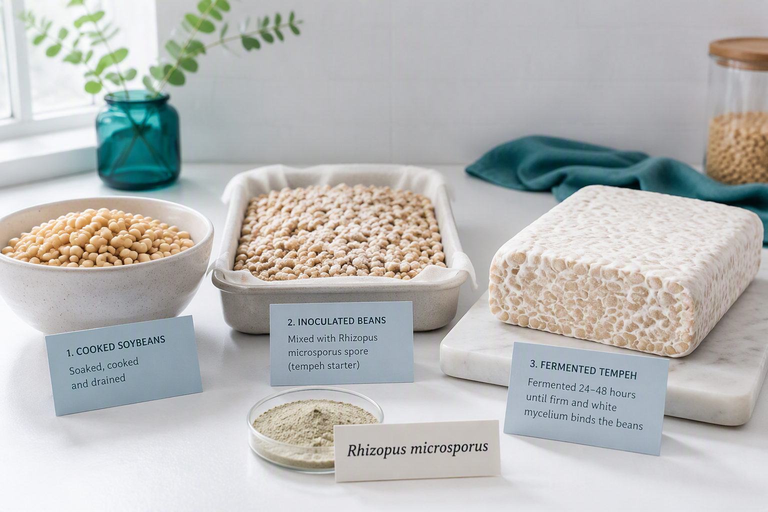 Tempeh fermentation stages with soybeans and Rhizopus microsporus culture