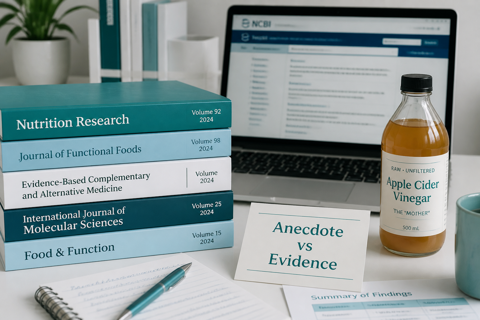 Desk with journals and ACV illustrating evidence discussion for ACV and IBS