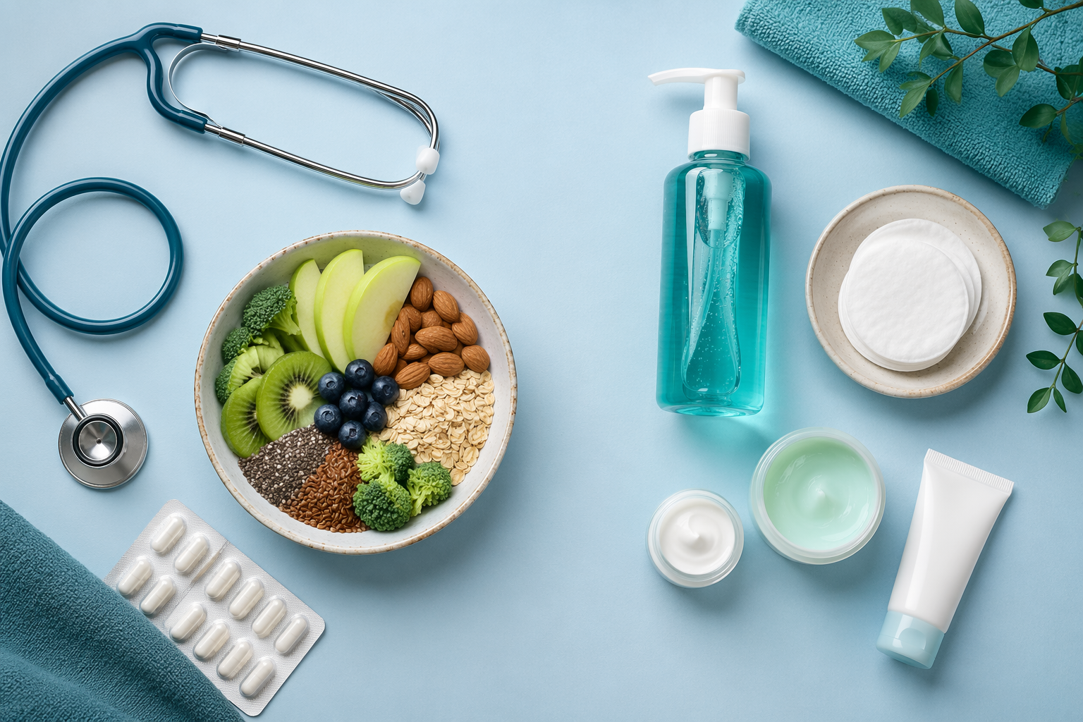 Split-image of gut items and skincare to show IBS and acne connection