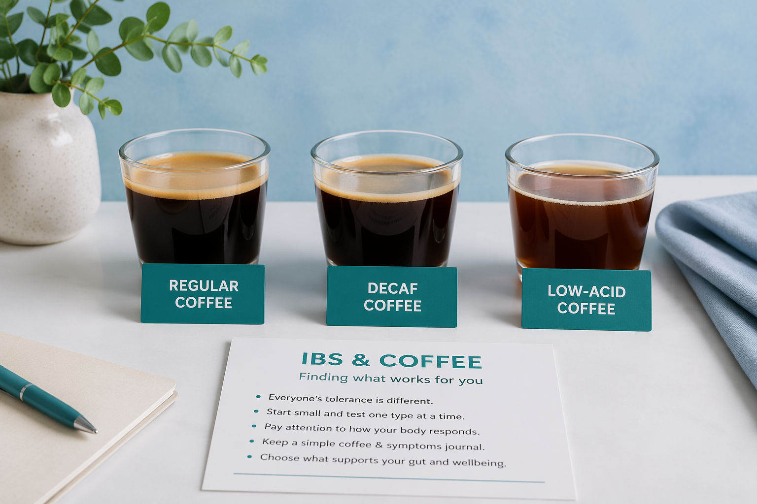 Three small cups labeled regular, decaf, low-acid illustrating coffee types and IBS testing