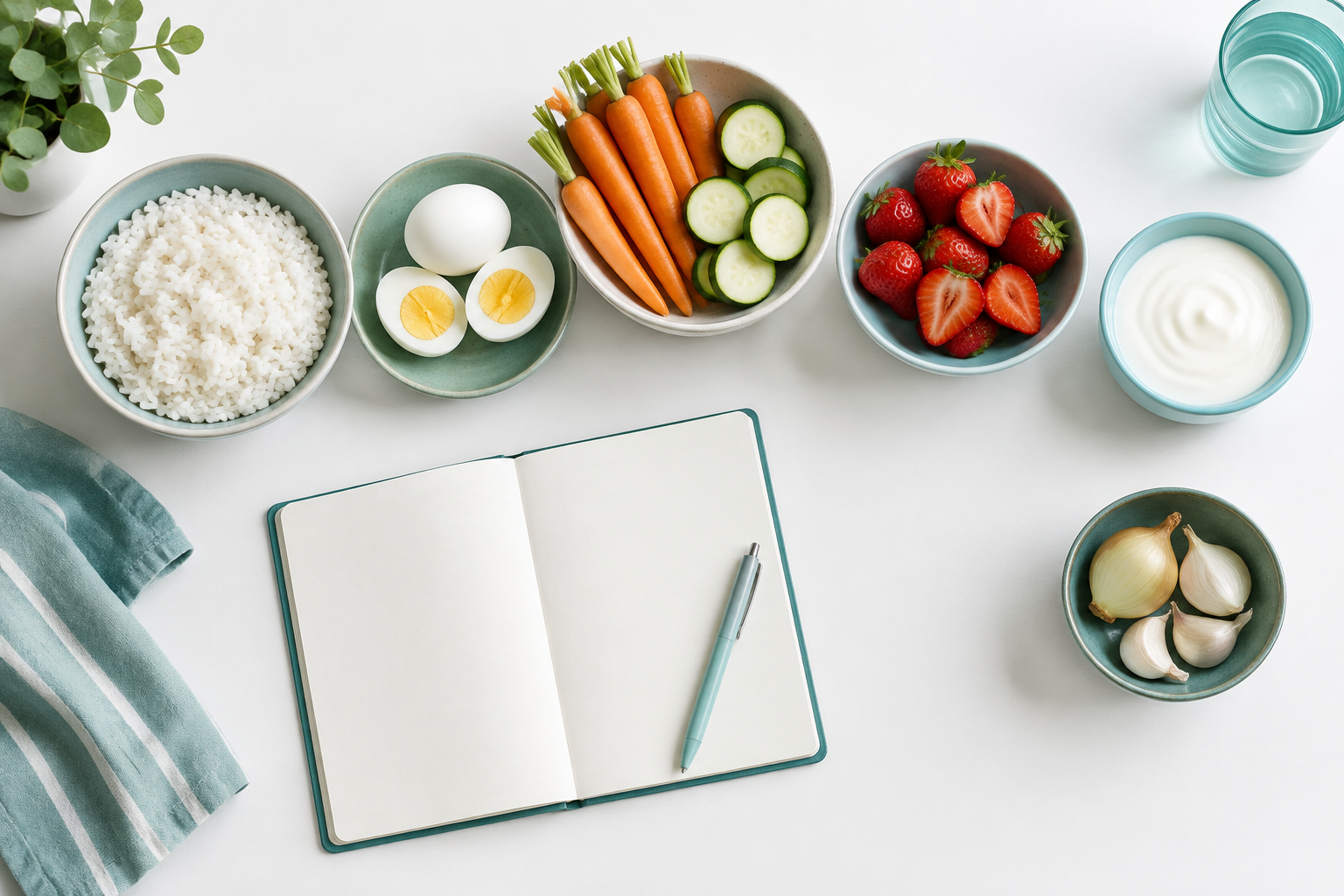 Low FODMAP diet foods for IBS arranged with a food journal for identifying triggers