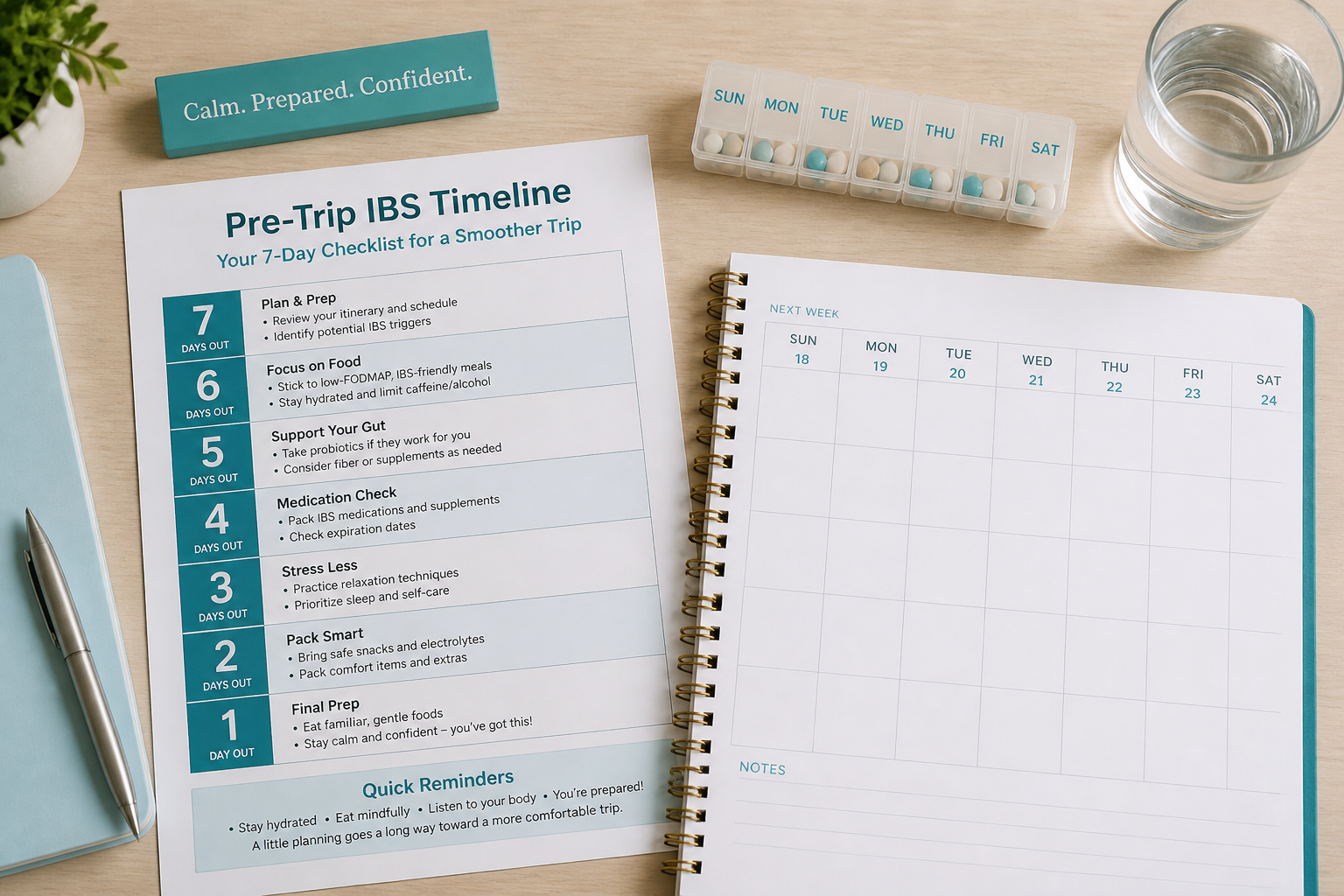 Pre-trip timeline checklist for IBS with calendar, pill organizer, and water