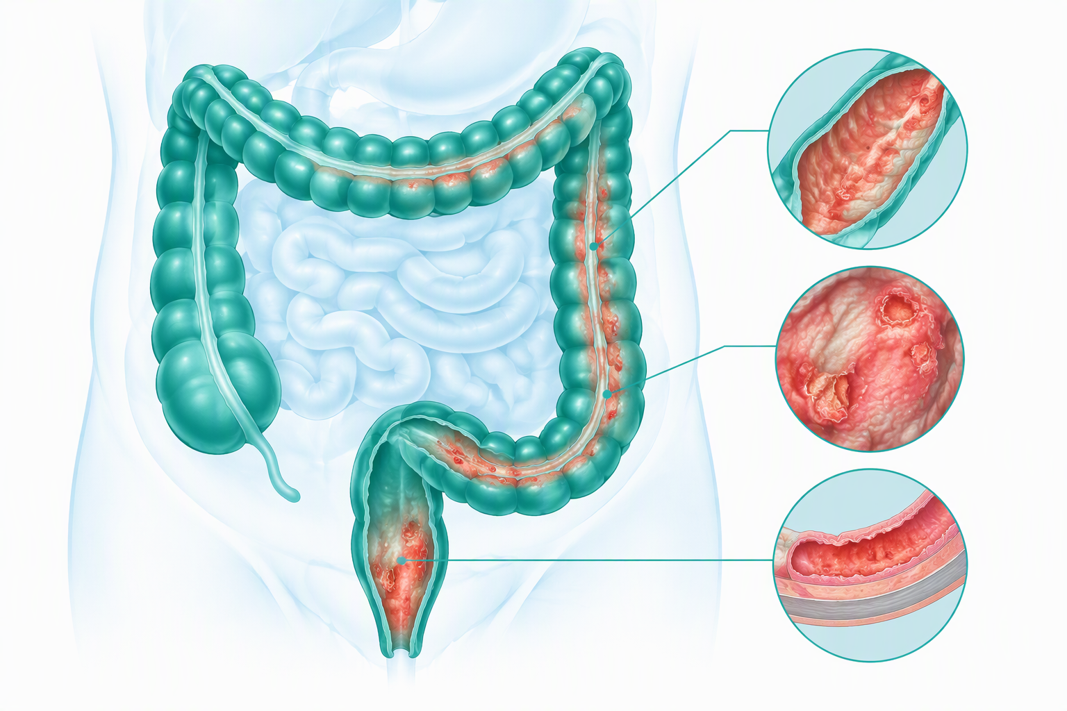Diagram showing ulcerative colitis inflammation and ulcers in the rectum and colon