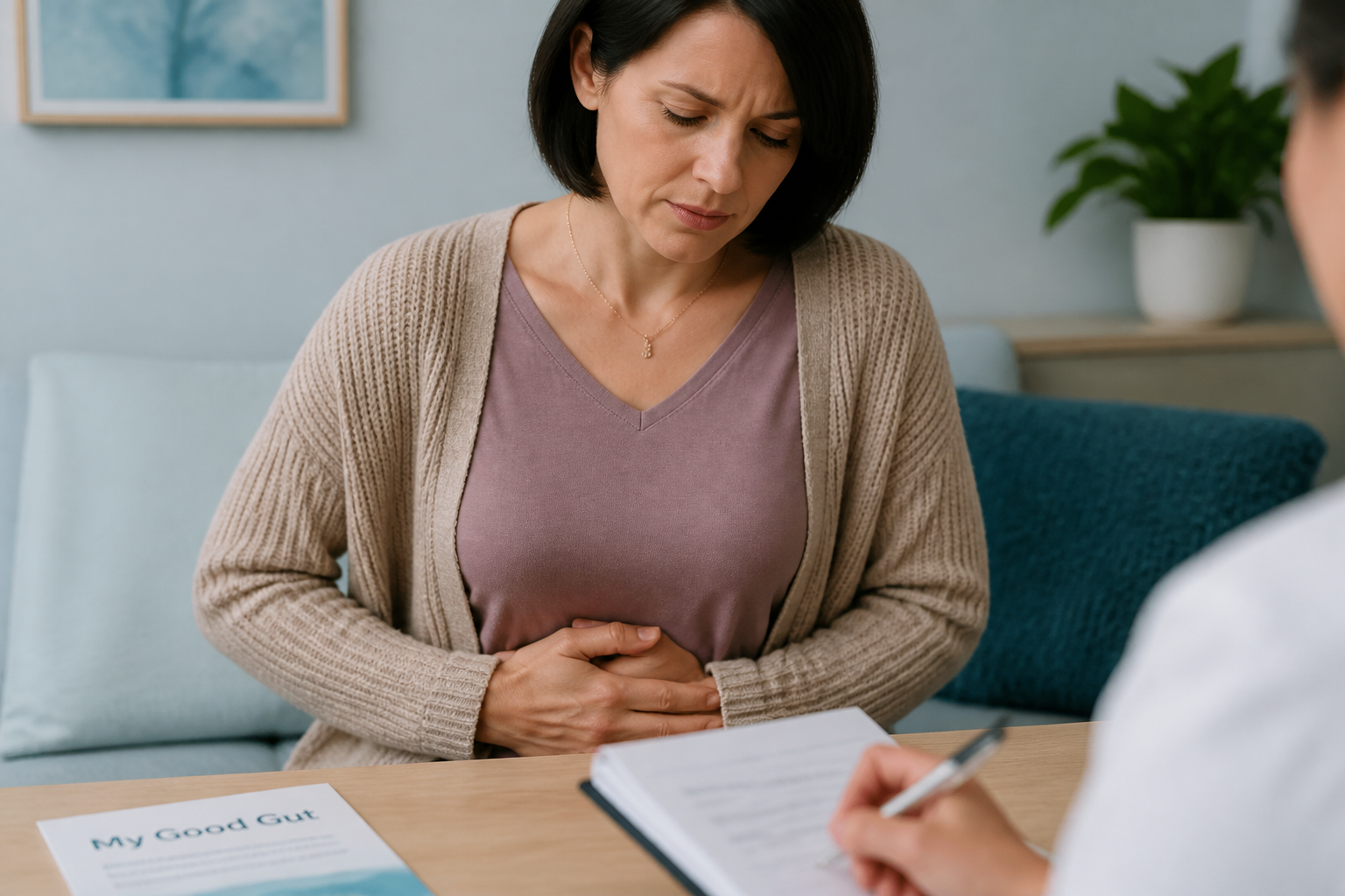 Patient holding abdomen illustrating visceral hypersensitivity in IBS pain