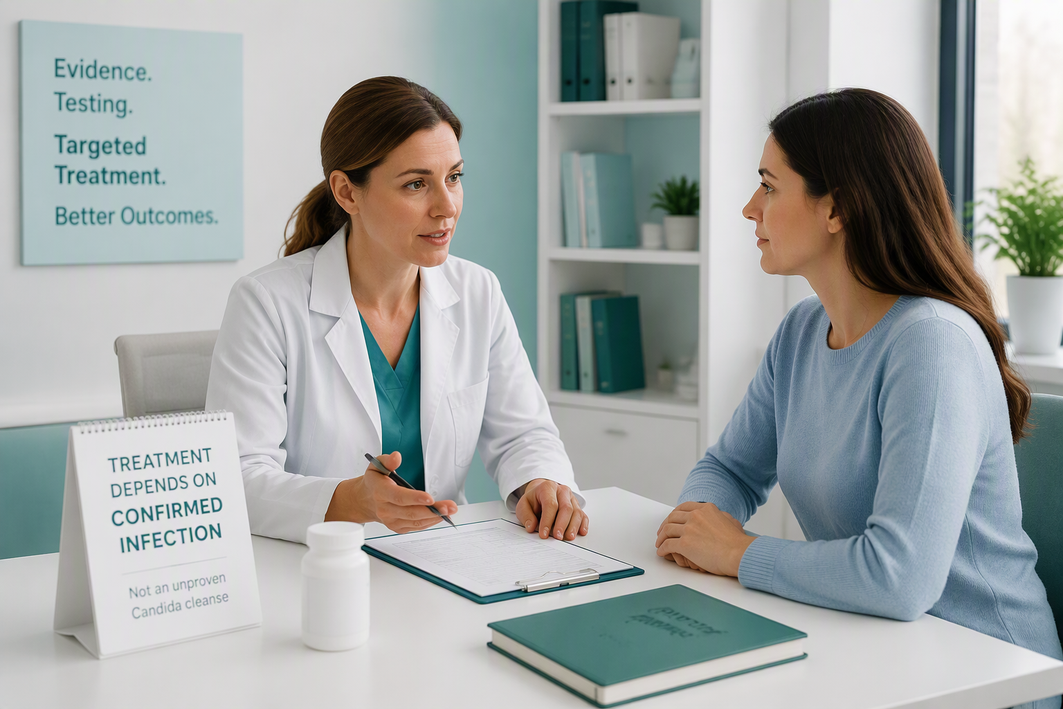Clinician discussing safe antifungal treatment for confirmed Candida infection