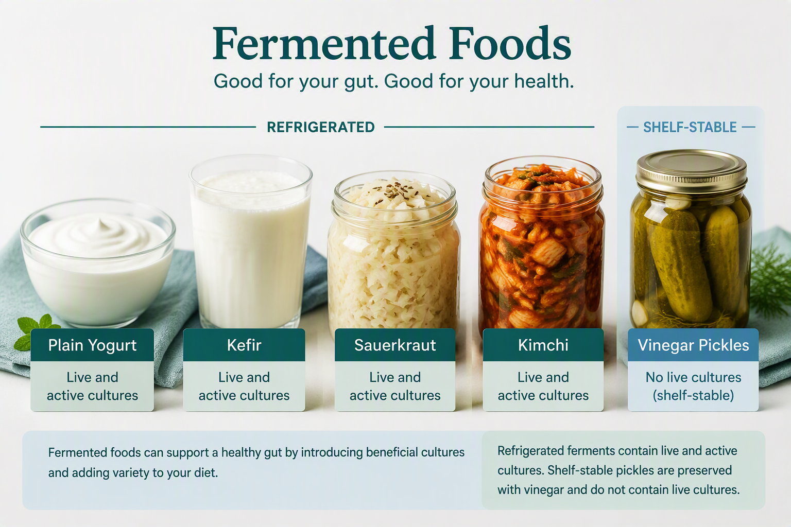 Comparison of fermented foods and probiotic foods with live and active cultures