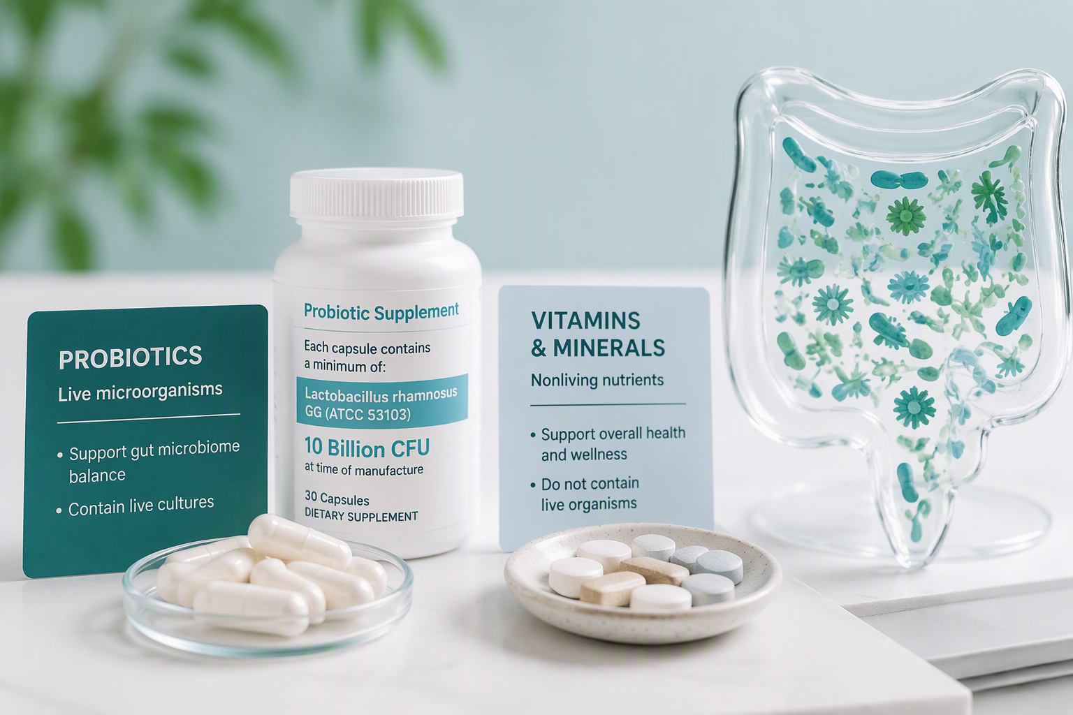 Probiotic capsules and vitamins compared by strain, CFU count, and gut health purpose