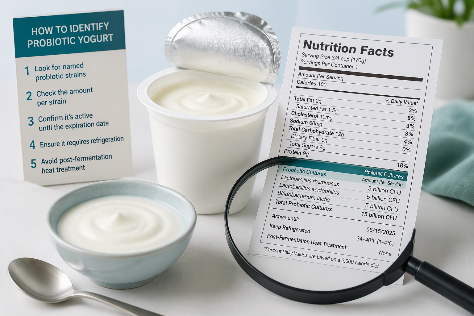 Yogurt label showing probiotic strains, dose, expiration date, and live cultures
