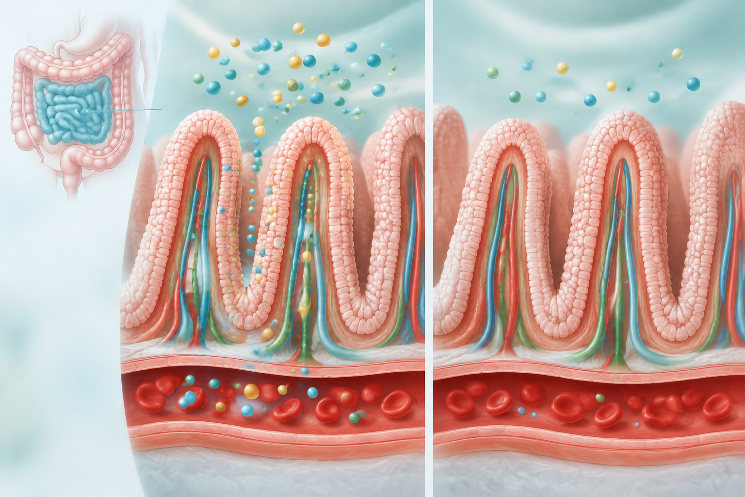 Small intestine illustration showing nutrient absorption and malabsorption