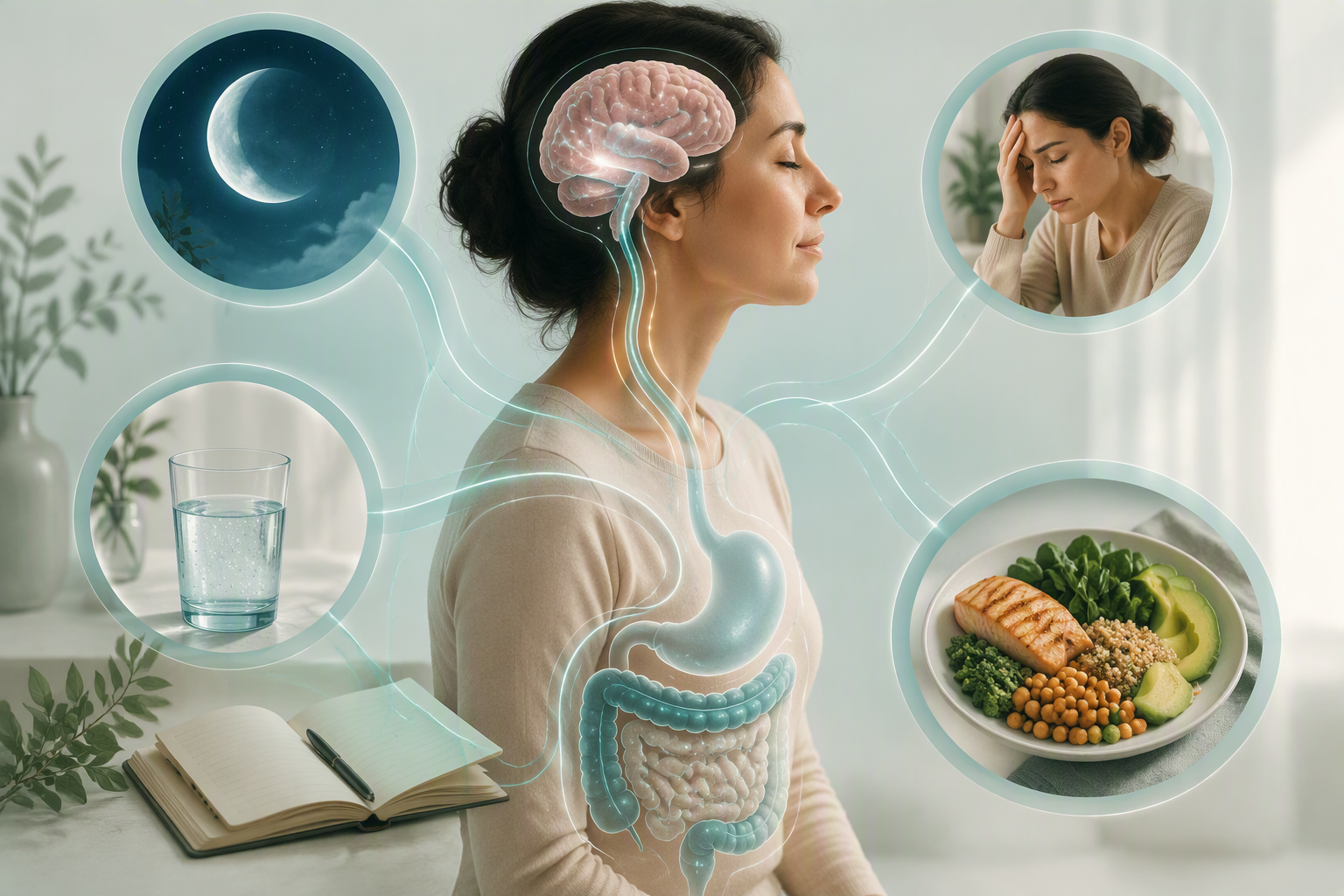 Gut-brain axis showing IBS, stress, sleep, hydration, and low energy