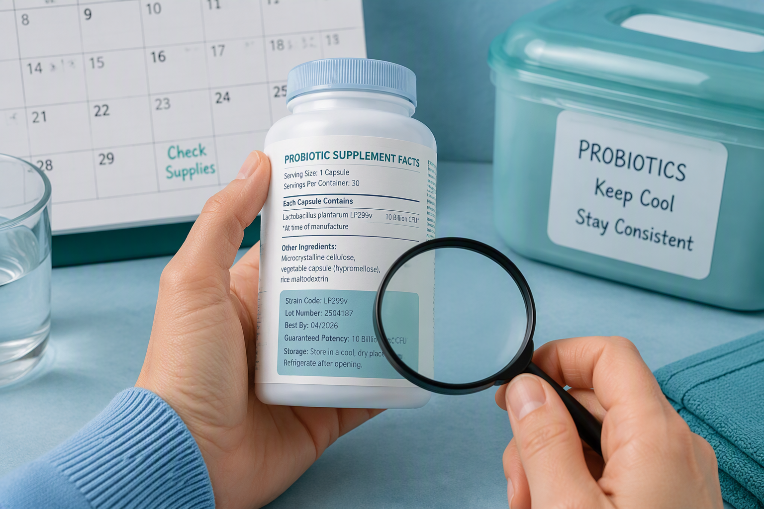 Probiotic label showing strain code, CFU count, expiration date, and storage instructions