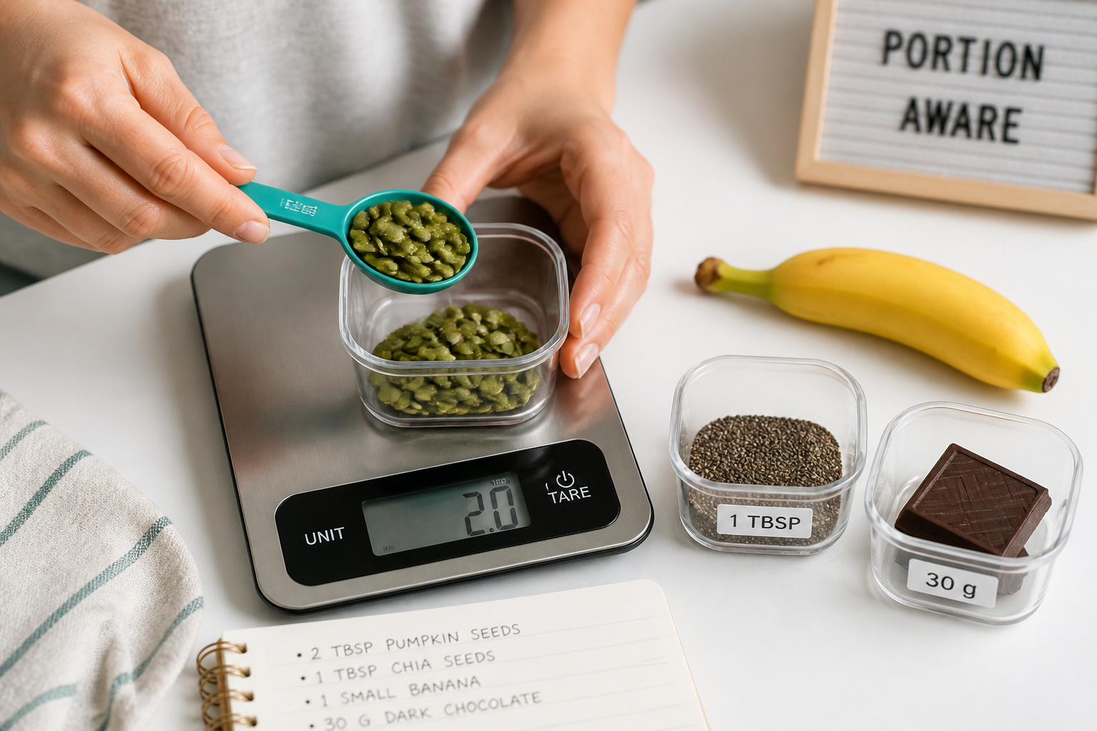 Hands measuring low-FODMAP snack portions like 2 tbsp pumpkin seeds and 1 tbsp chia on a scale