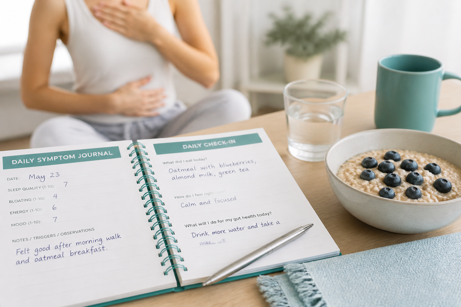 Calm morning scene with symptom journal, simple breakfast, and breathing practice to prevent IBS flares