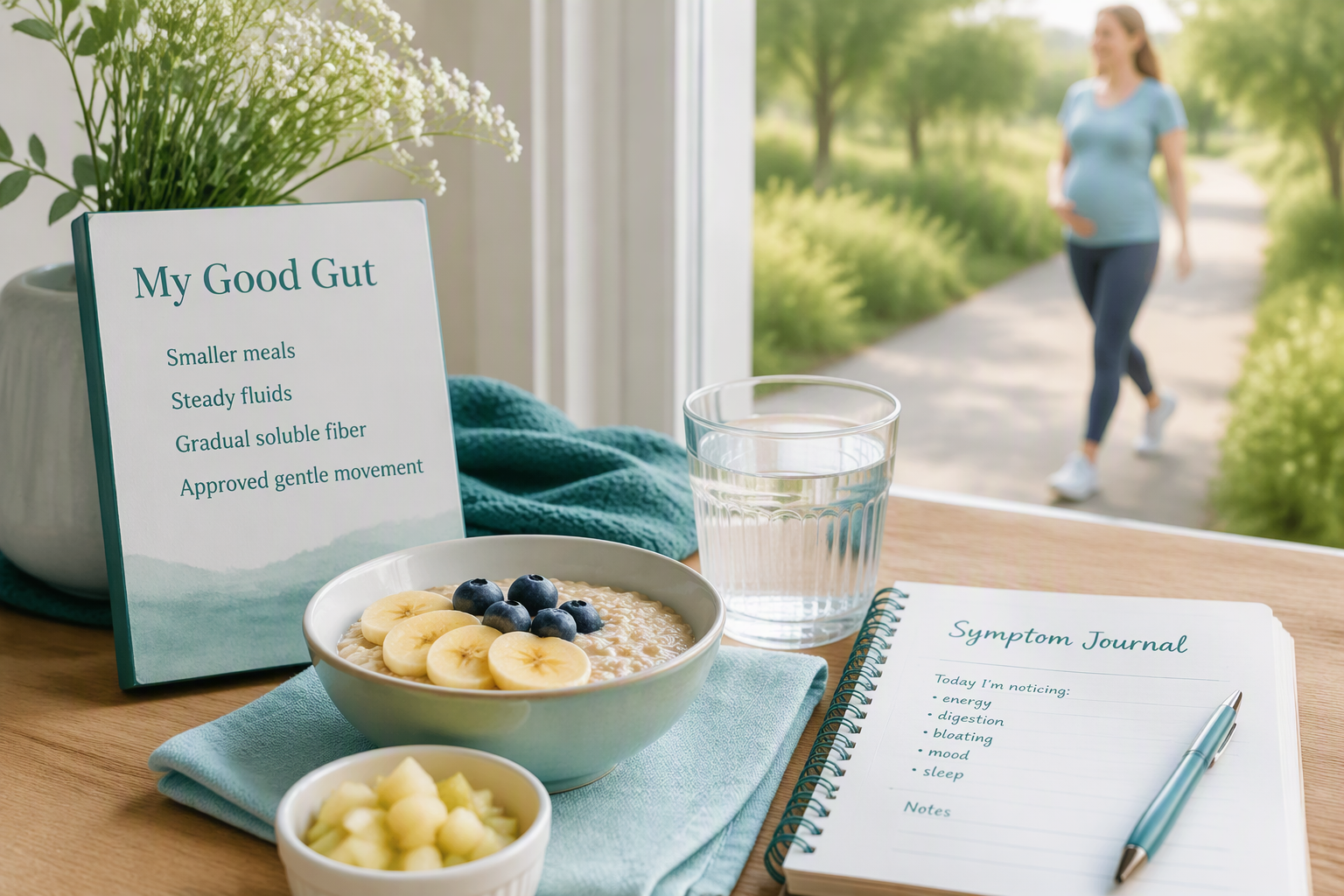 Pregnancy-safe IBS routine with oats, fluids, soluble fiber, and gentle movement