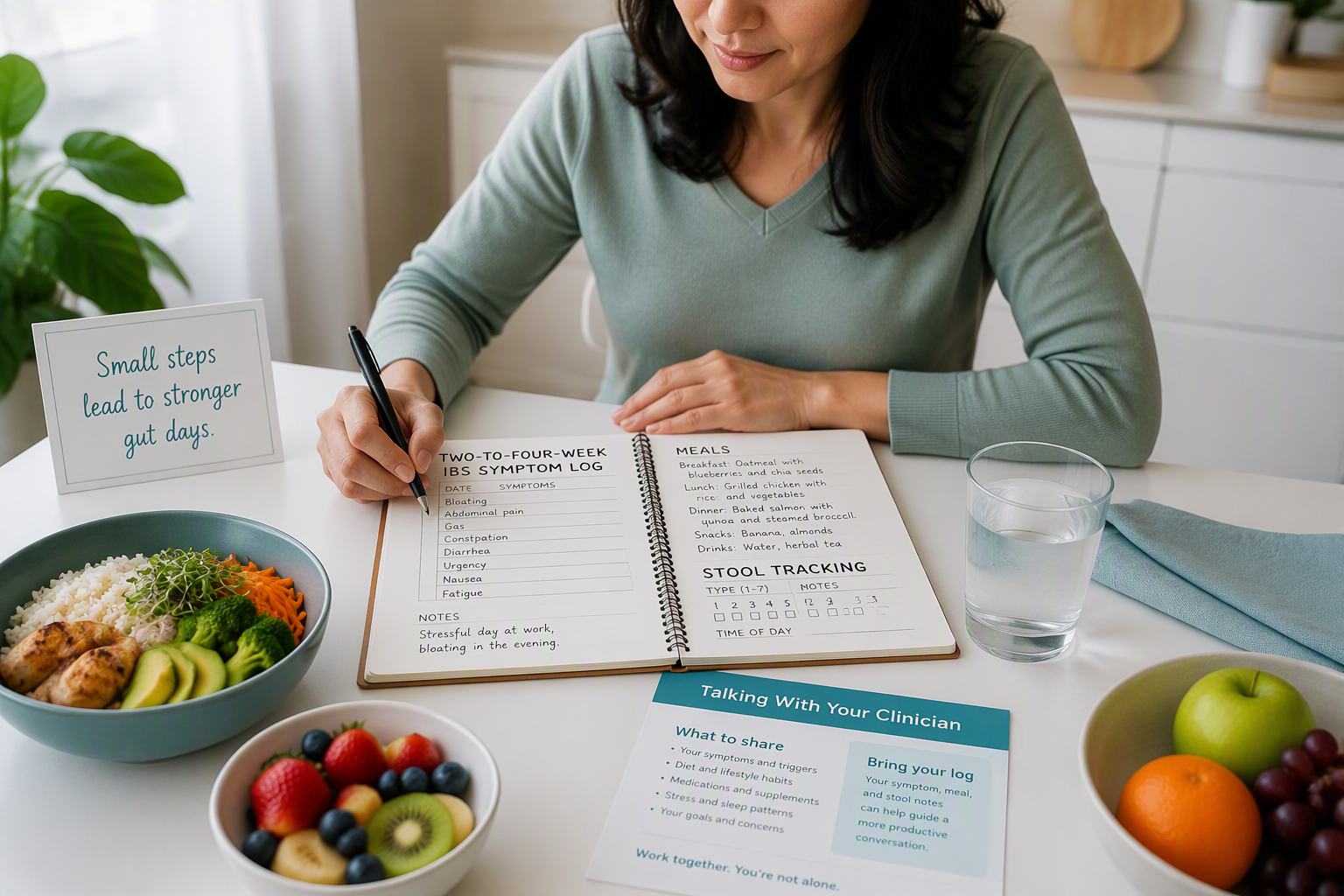 IBS symptom tracking journal with safe next steps and food notes