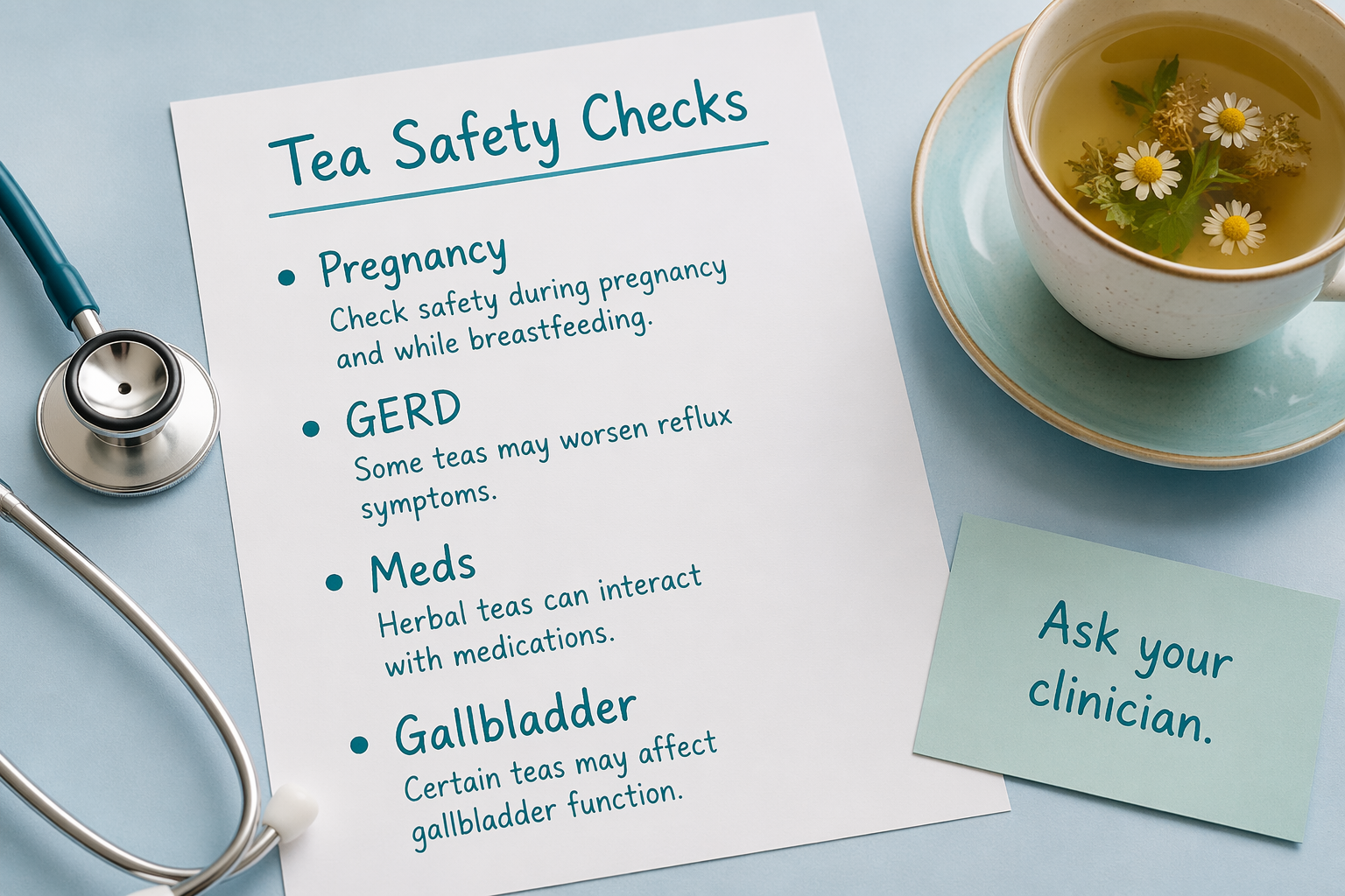 Flat lay checklist 'Tea Safety Checks' with herbal tea, highlighting pregnancy, GERD, meds, gallbladder