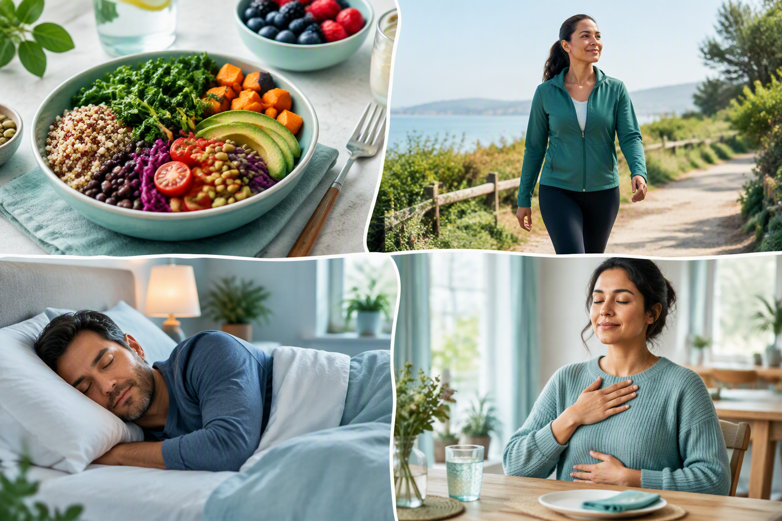 Daily gut health habits including fiber, walking, sleep, and stress relief