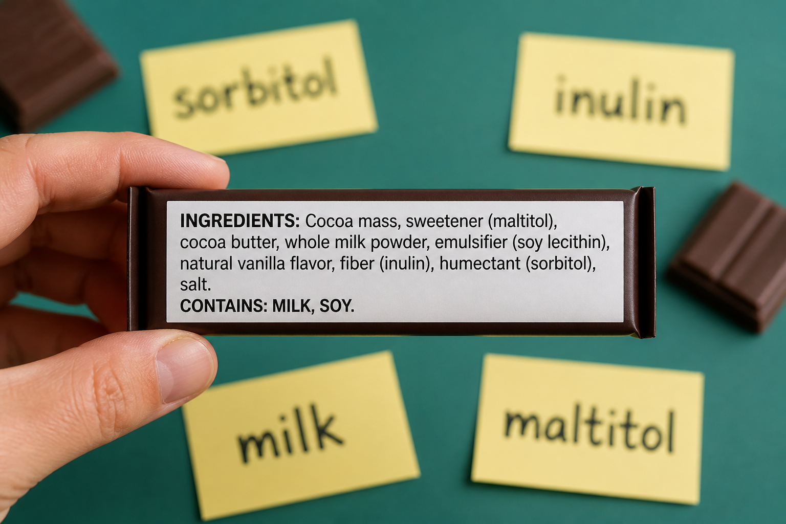 Close-up of chocolate ingredient label highlighting sorbitol, inulin, milk and other IBS-trigger words