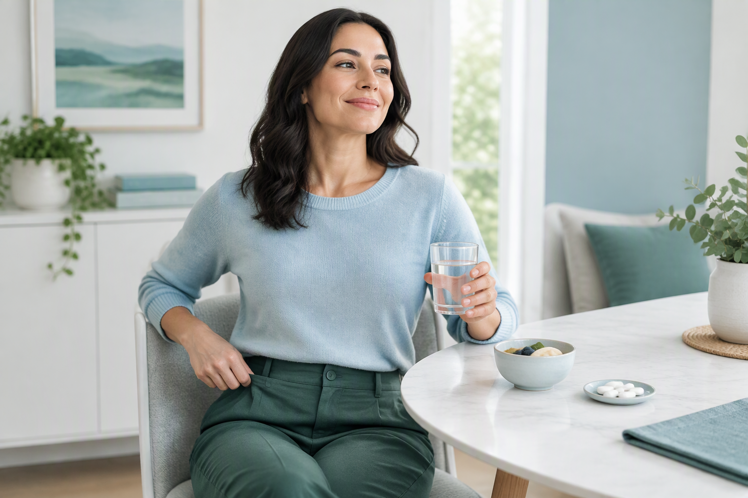 Adult sitting upright and loosening clothing during an acid reflux flare