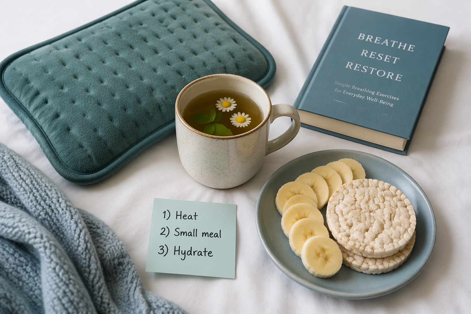 Soothing items for IBS flare: heating pad, tea, low-FODMAP snack, and breathing notes