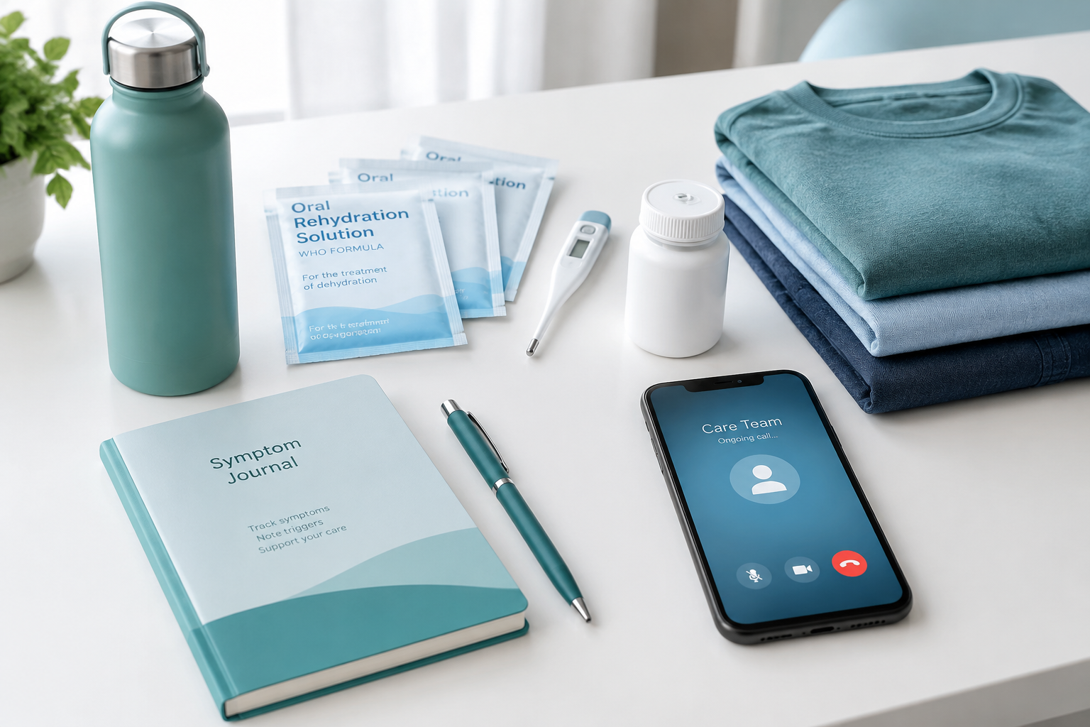 IBD flare management kit with oral rehydration solution, water, and symptom journal