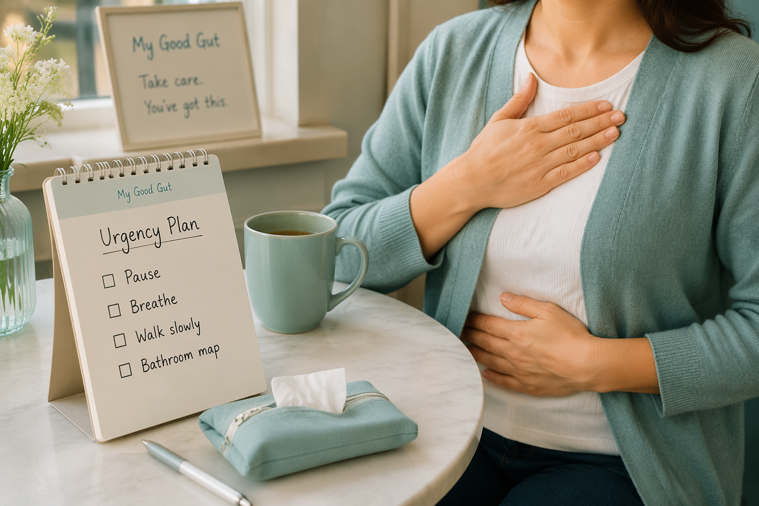Notebook with 'Urgency Plan' checklist and hands demonstrating belly breathing