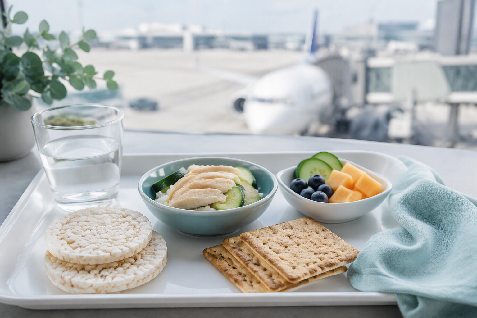 Familiar IBS-friendly meal, snacks, and water prepared before a flight