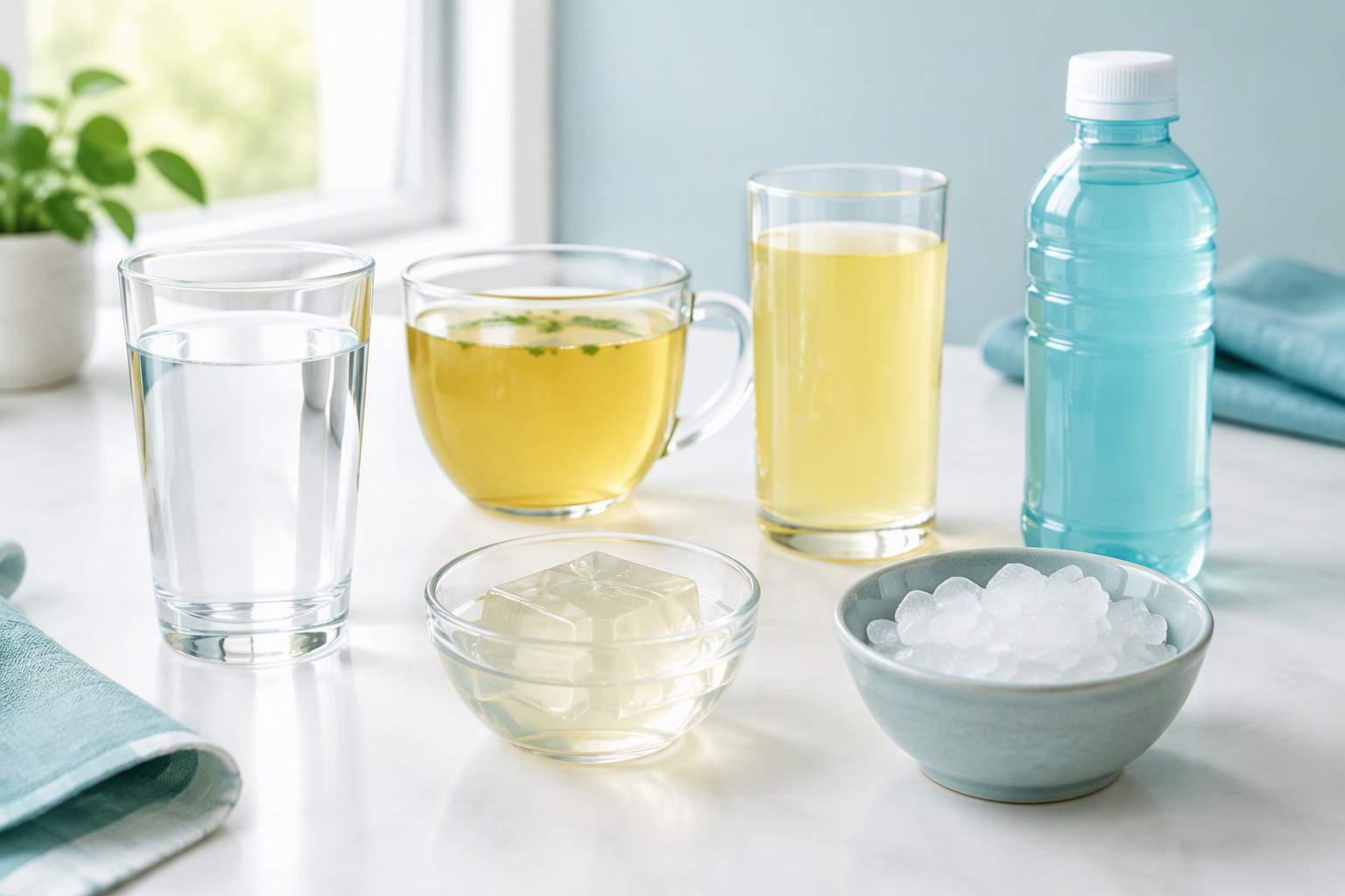 Clear-liquid diverticulitis diet with broth, gelatin, juice, and electrolyte drink