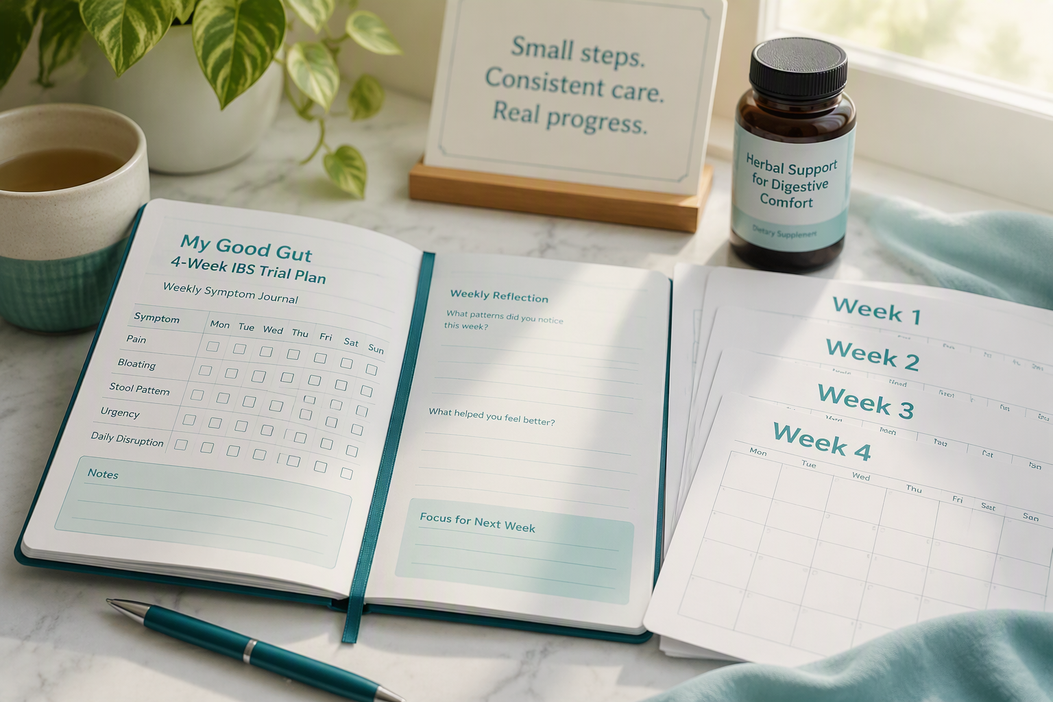 Four-week Iberogast IBS trial plan with symptom journal and weekly tracking calendar